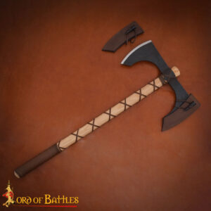 Medieval Fantasy Double-Edged Axe – Hand-Forged Carbon Steel with Leather Sheaths & Horn Toggles –Viking & Medieval Battle Axe for LARP & Display