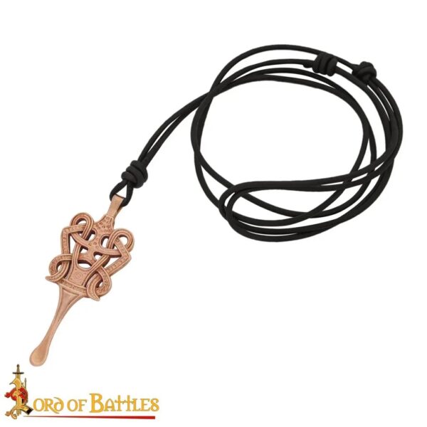 Solid Bronze Ear Scoop Pendant with Celtic Motifs and Leather Cord - Image 2