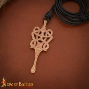 Solid Bronze Ear Scoop Pendant with Celtic Motifs and Leather Cord