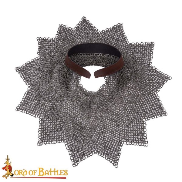 Medieval Chainmail Aventail with Leather, Mild Steel, Round Ring Round Riveted with Alternating Solid Flat Rings, 9 mm 18 gauge