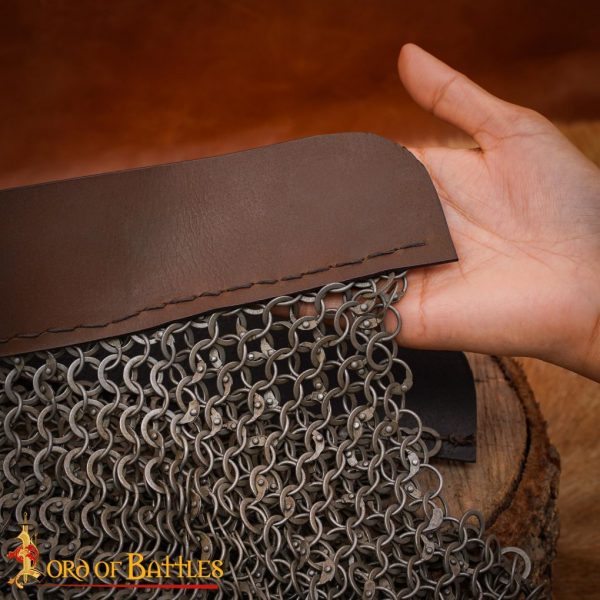 Medieval Chainmail Aventail with Leather, Mild Steel, Round Ring Round Riveted with Alternating Solid Flat Rings, 9 mm 18 gauge - Image 3