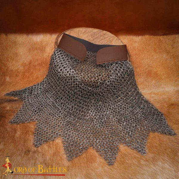 Medieval Chainmail Aventail with Leather, Mild Steel, Round Ring Round Riveted with Alternating Solid Flat Rings, 9 mm 18 gauge - Image 5