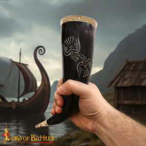 Viking Drinking Horn with Twon Ravens Motif Genuine Ox Horn