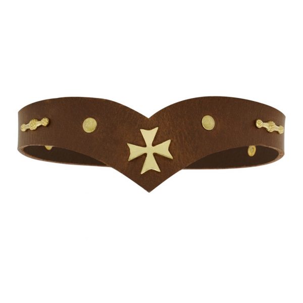 Leather Headband With Pure Brass Templar Cross Mount