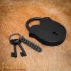 Rugged Medieval Iron Padlock with Chainmail Keychain and Paired Keys