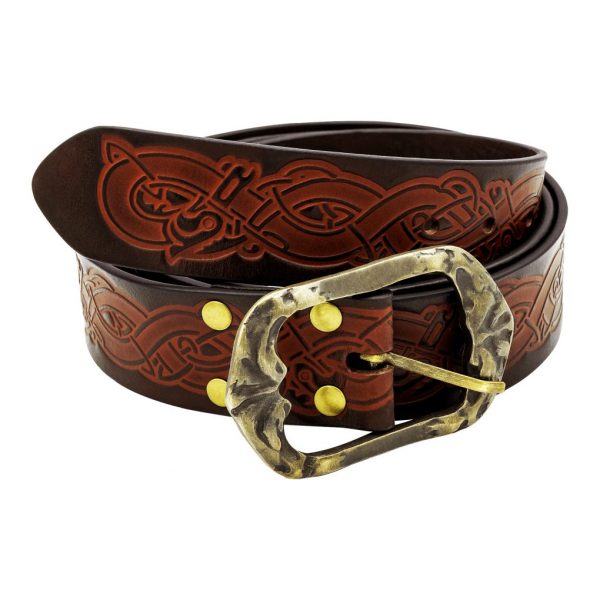 Viking Handcrafted Leather Embossed Belt with Antique Brass Buckle