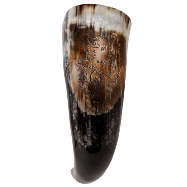 Engraved Rampant Lion Drinking Horn Handcrafted Genuine Ox Horn