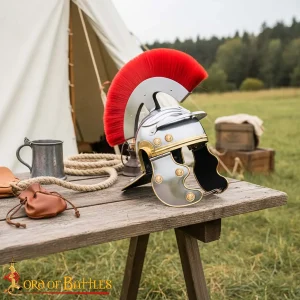 Roman Centurion Helmet with Red Transverse Crest Plume - Brass Trim