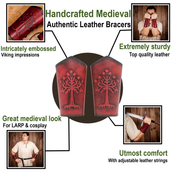 Genuine Leather Bracers with Embossed Tree of Gondor Motif