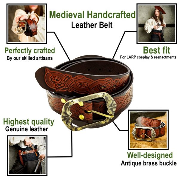 Viking Handcrafted Leather Embossed Belt with Antique Brass Buckle