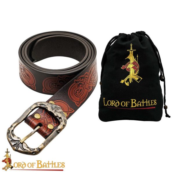 Viking Handcrafted Leather Embossed Belt with Antique Brass Buckle