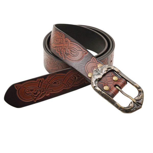 Viking Handcrafted Leather Embossed Belt with Antique Brass Buckle