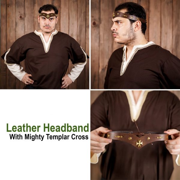 Leather Headband With Pure Brass Templar Cross Mount