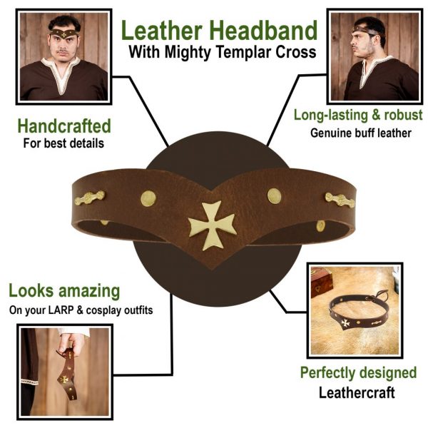 Leather Headband With Pure Brass Templar Cross Mount