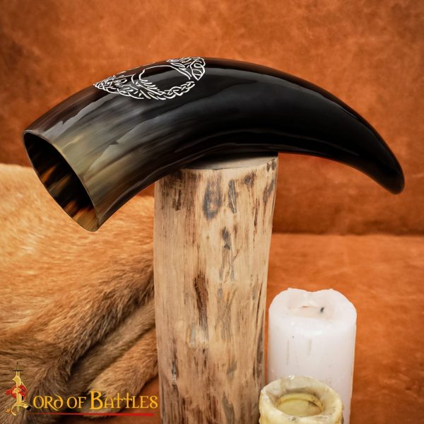 Genuine Drinking Horn with Hand-Carved Norse Tree of Life / Yggdrasil Motif