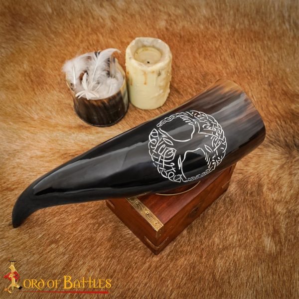 Genuine Drinking Horn with Hand-Carved Norse Tree of Life / Yggdrasil Motif