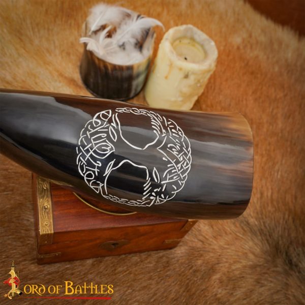 Genuine Drinking Horn with Hand-Carved Norse Tree of Life / Yggdrasil Motif