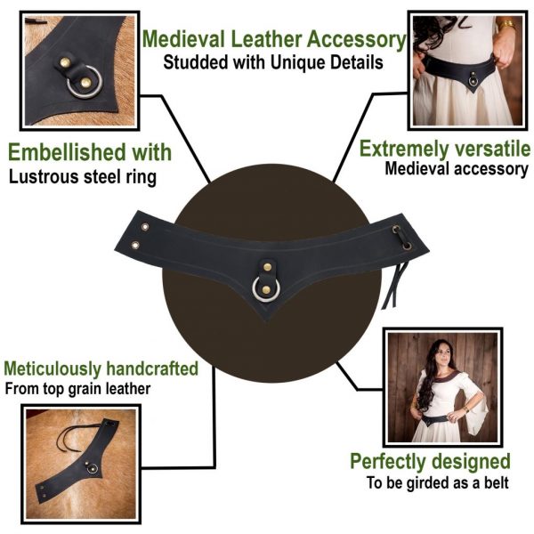 Genuine Leather Accessory with Steel Ring for LARP and Cosplay