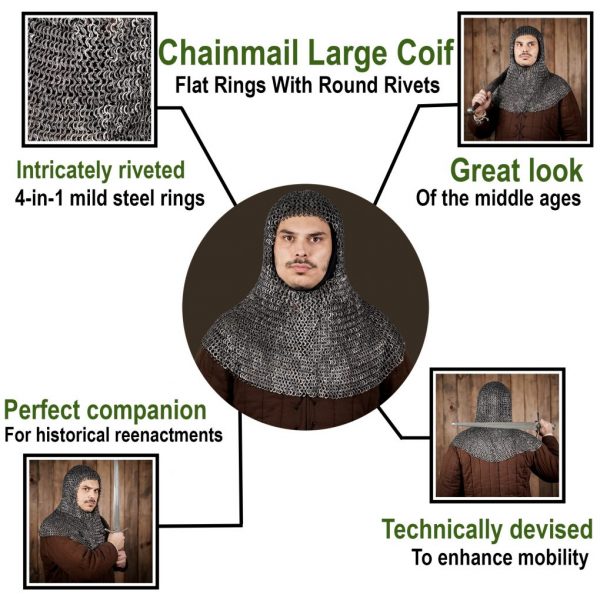 Flat Ring Chainmail Classic Coif, Riveted, ID 9 mm, Natural