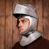 Renaissance Closed Helmet with Integrated Bevor Movable Visor 16 gauge