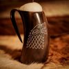 Medieval Viking Horn Tankard with Dire Wolf Motif Beer Mug Handcrafted Genuine Ox Horn