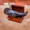 Medieval Viking Genuine Drinking Horn with Engraved Raven Design