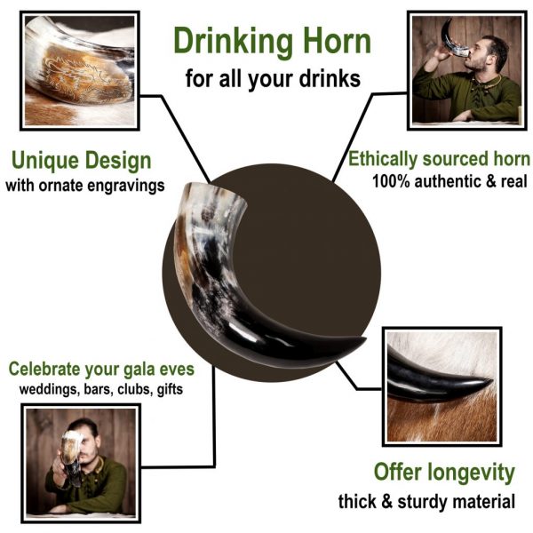 Engraved Rampant Lion Drinking Horn Handcrafted Genuine Ox Horn