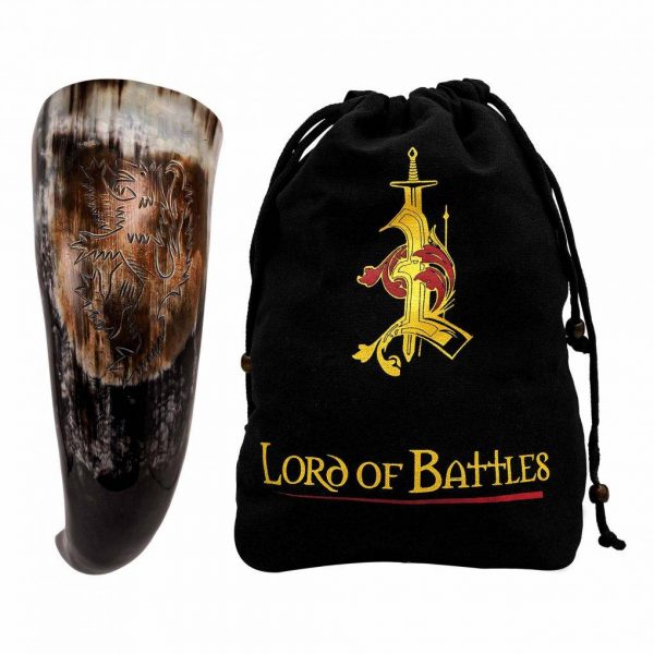 Engraved Rampant Lion Drinking Horn Handcrafted Genuine Ox Horn