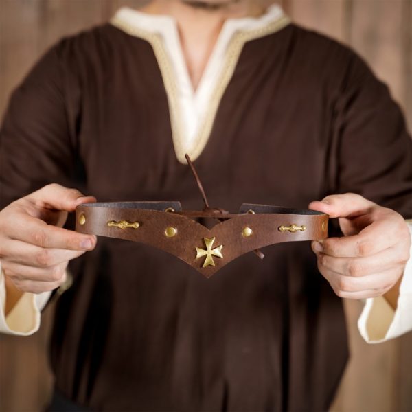 Leather Headband With Pure Brass Templar Cross Mount