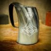 Medieval Viking Mjolnir Horn Tankard Beer Mug Handcrafted Genuine Ox Horn