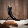 Engraved Twin Ravens Drinking Horn with Brass Fittings Handcrafted Genuine Ox Horn