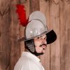 Spanish Morion Helmet with Red Feathers Plume and Leather Liner 16 gauge