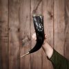 Medieval Viking Drinking Horn Genuine Ox Horn with Engraved Vegvisir
