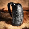 Viking Drinking Horn Tankard with Hand – Carved Viking Valknut Design