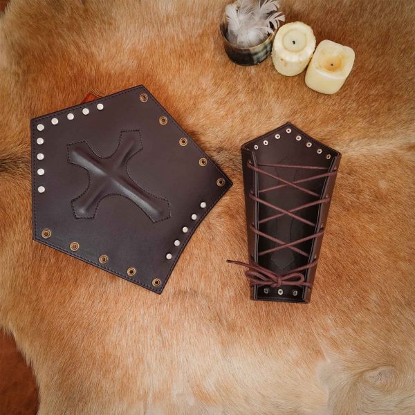 Leather Medieval Fantasy Bracers with The Holy Cross Symbol