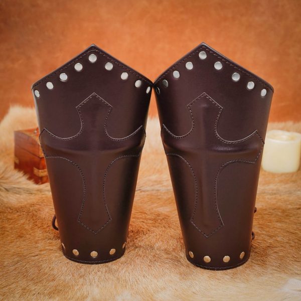 Leather Medieval Fantasy Bracers with The Holy Cross Symbol
