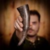 Medieval Viking Drinking Horn with Carved Scales Genuine Buffalo Horn