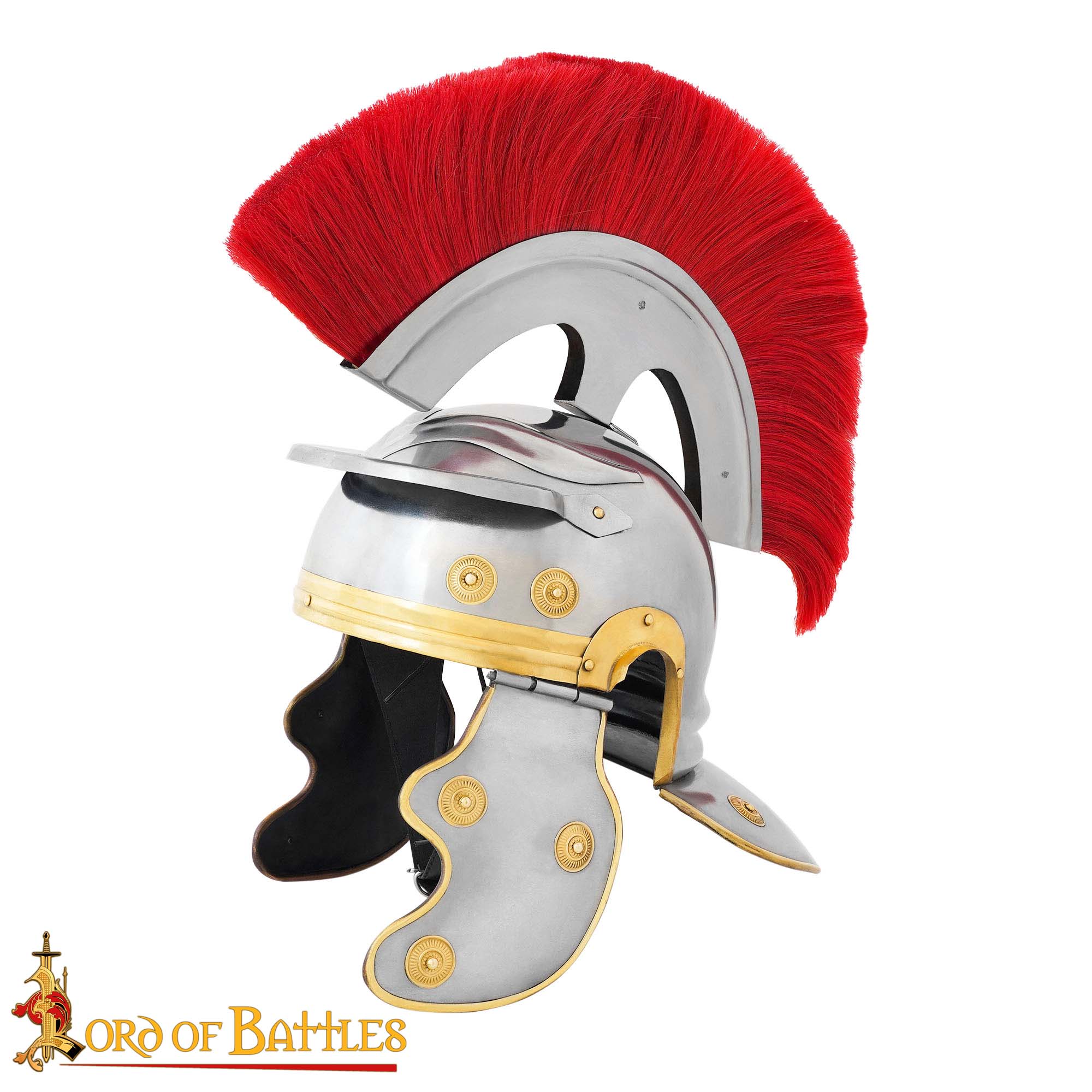 Roman Centurion Helmet with Red Transverse Crest Plume Brass Trim Steel Helmet for LARP, Costume, and Display 2214 3
