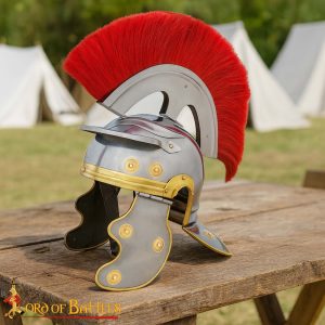 Roman Centurion Helmet with Red Transverse Crest Plume - Brass Trim