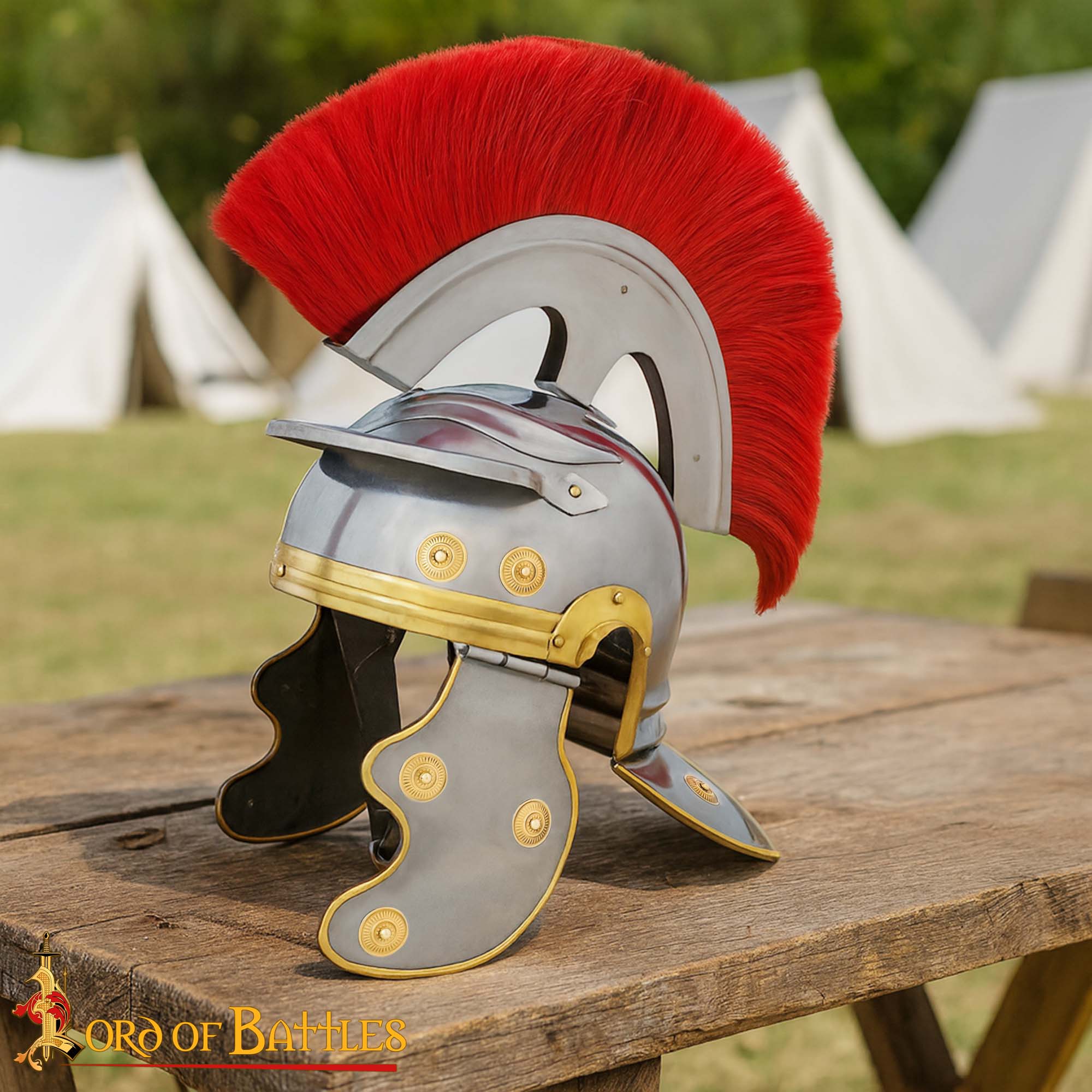 Roman Centurion Helmet with Red Transverse Crest Plume Brass Trim Steel Helmet for LARP, Costume, and Display 2214