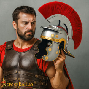 Roman Centurion Helmet with Red Transverse Crest Plume – Brass Trim Steel Helmet for LARP, Costume, and Display