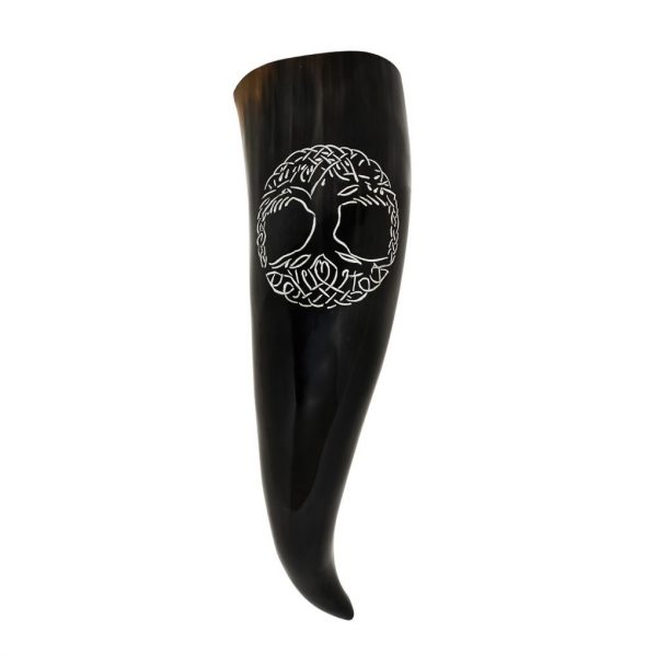 Genuine Drinking Horn with Hand-Carved Norse Tree of Life / Yggdrasil Motif