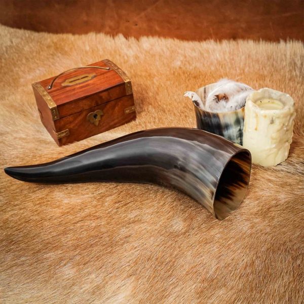 Genuine Drinking Horn with Hand-Carved Norse Tree of Life / Yggdrasil Motif