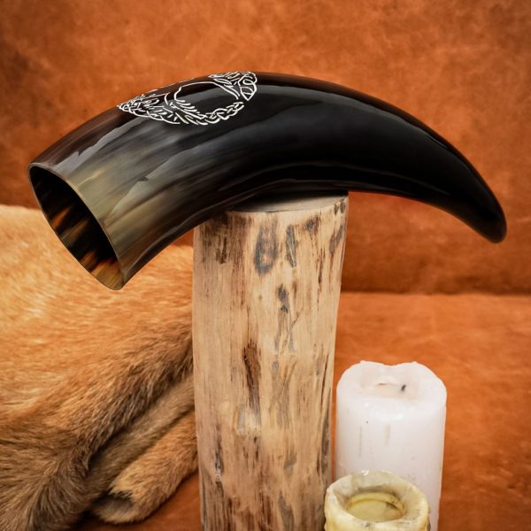 Genuine Drinking Horn with Hand-Carved Norse Tree of Life / Yggdrasil Motif