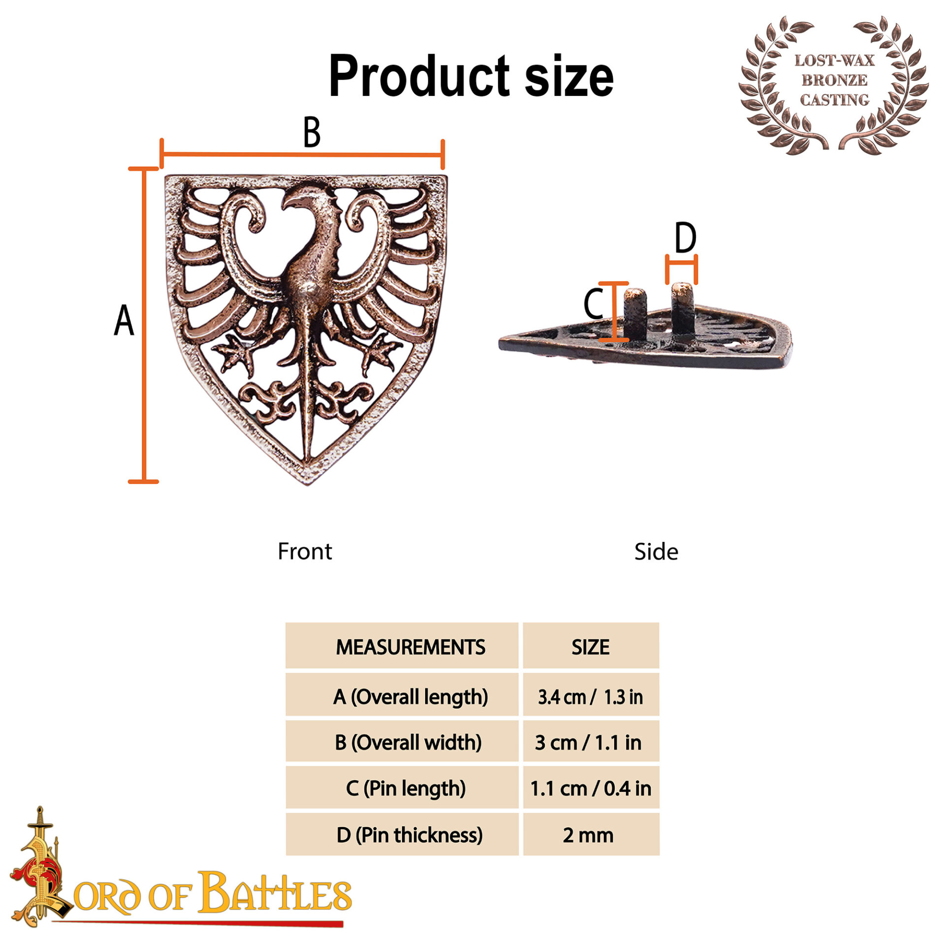 13th Century Antique Bronze Heraldic Eagle Shield Brooch-26432BZAT 2