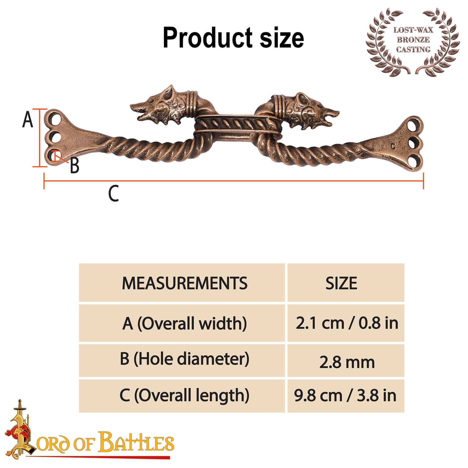 9th Century Viking Wolf Head Cloak Clasp Twisted Bronze Norse Garment Fastener-26418BZAT 2