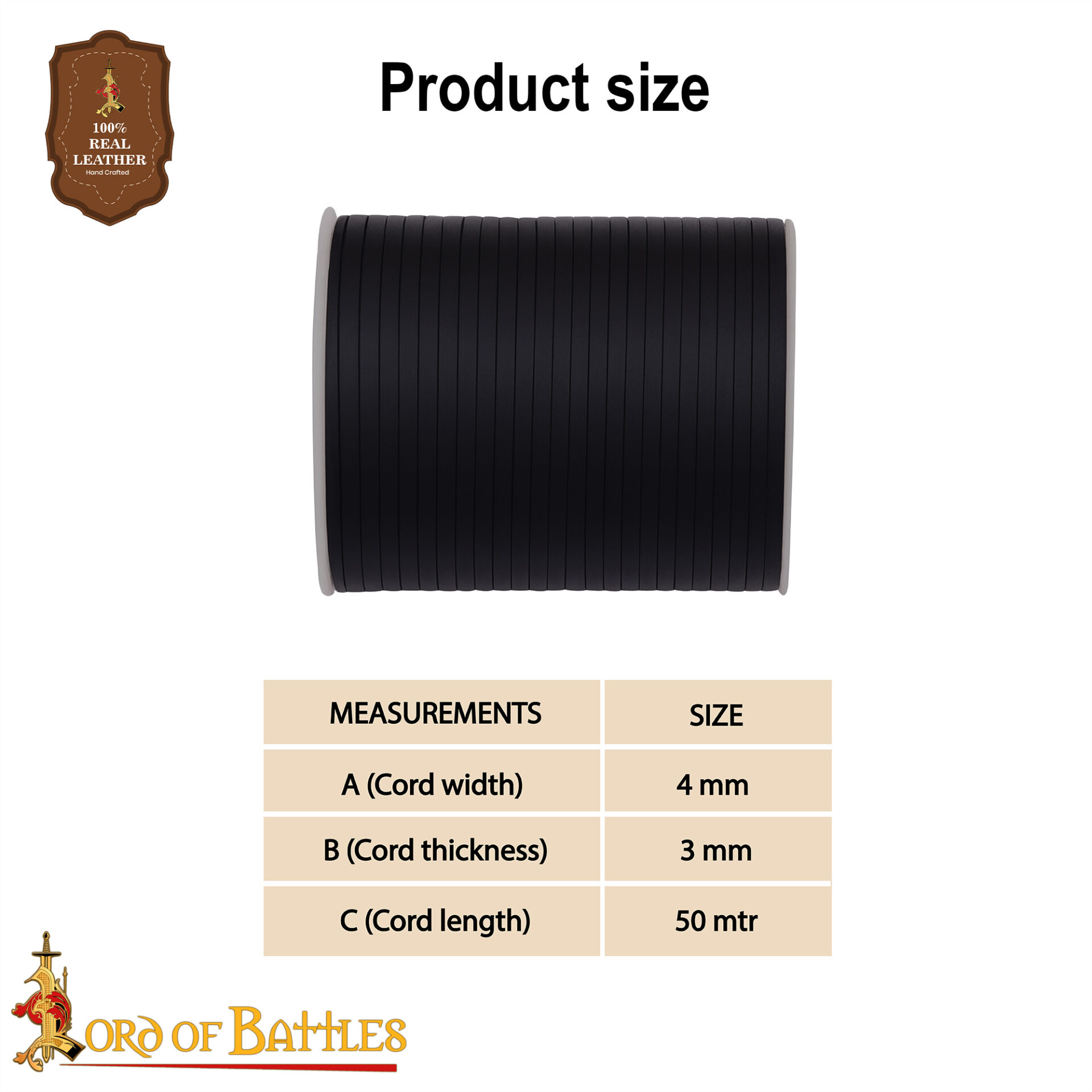 3x4 mm , 50mtr flat leather spool black-26169BK 2