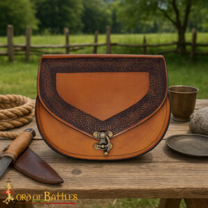 Medieval Brown Leather Belt Pouch with Embossed Celtic Design