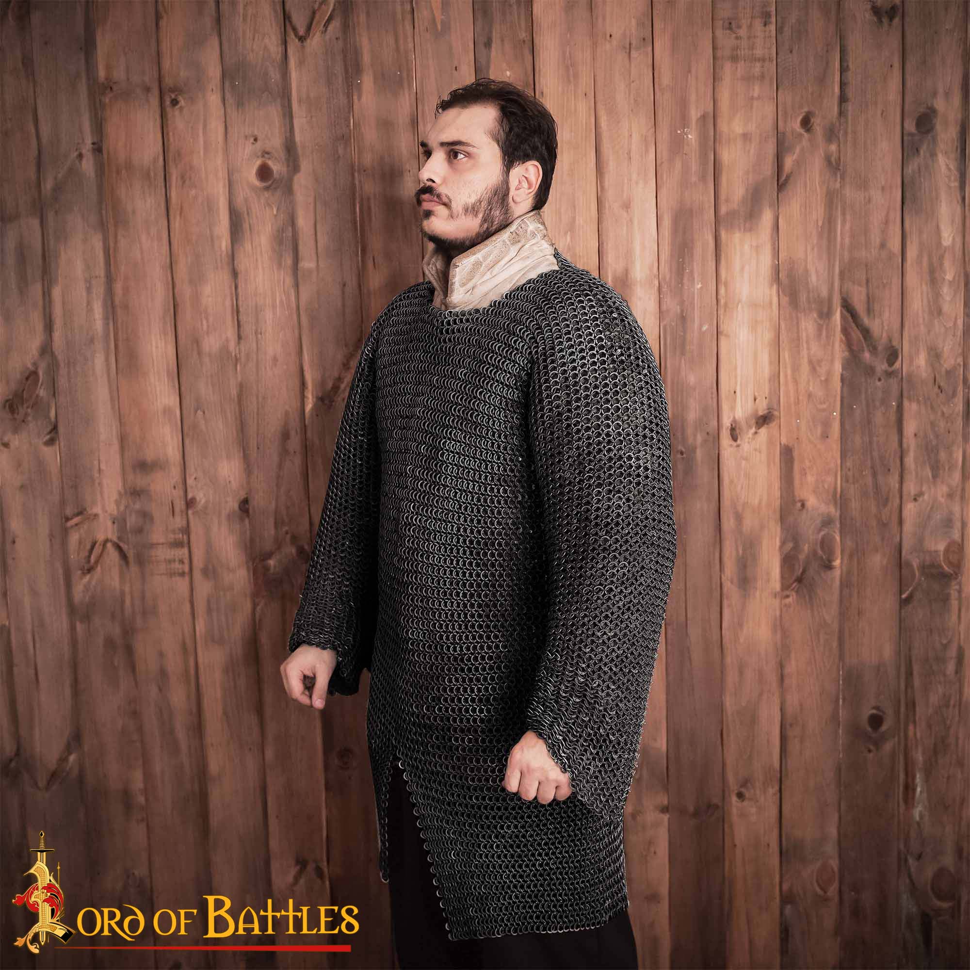 Medieval Chainmail Hauberk – 9mm 18 Gauge Round Ring Dome Riveted Mild Steel Rings with Alternating Solid Rings-258BK