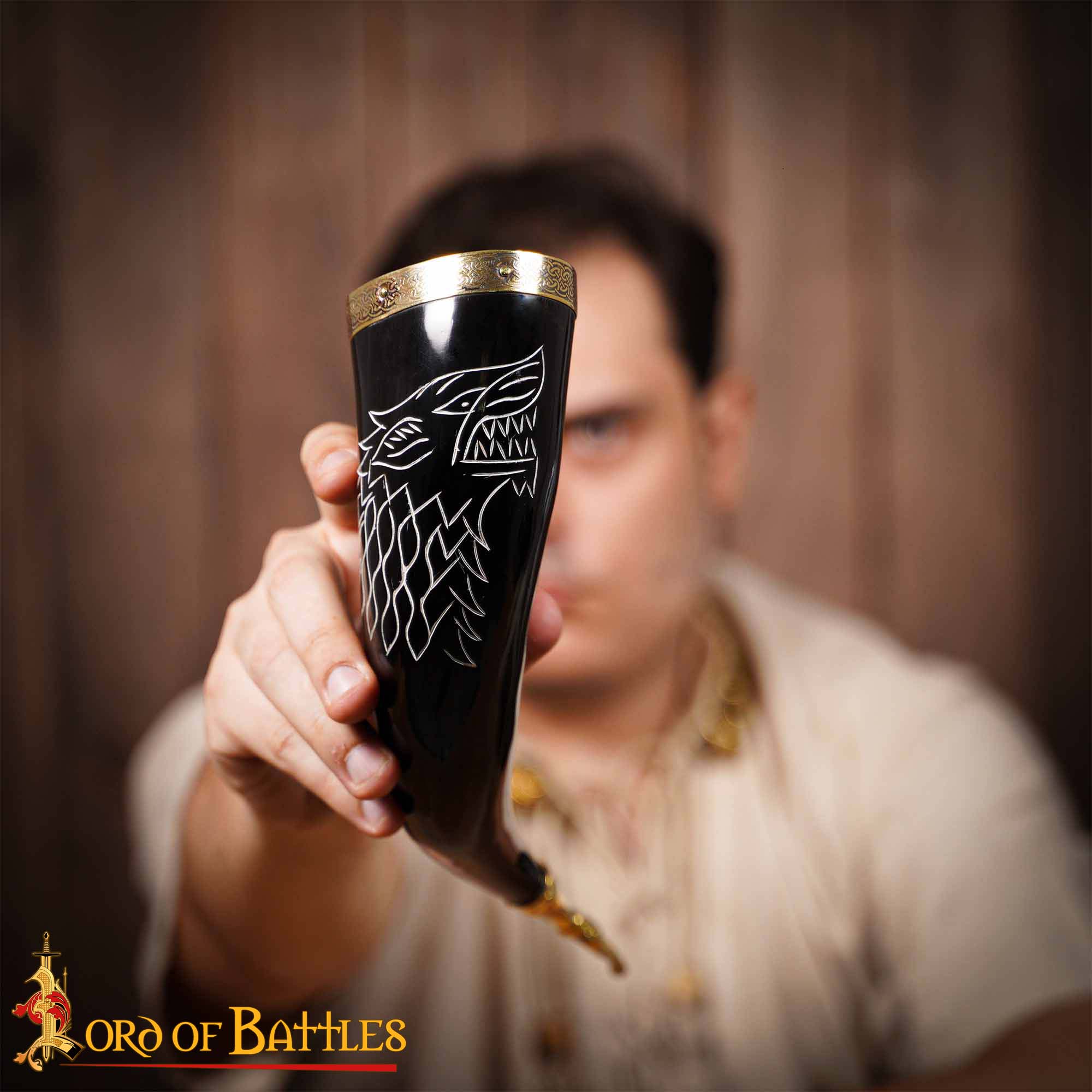The Fenrir Wolf Drinking Horn with Pure Brass Fittings Fenrir Wolf Drinking Horn